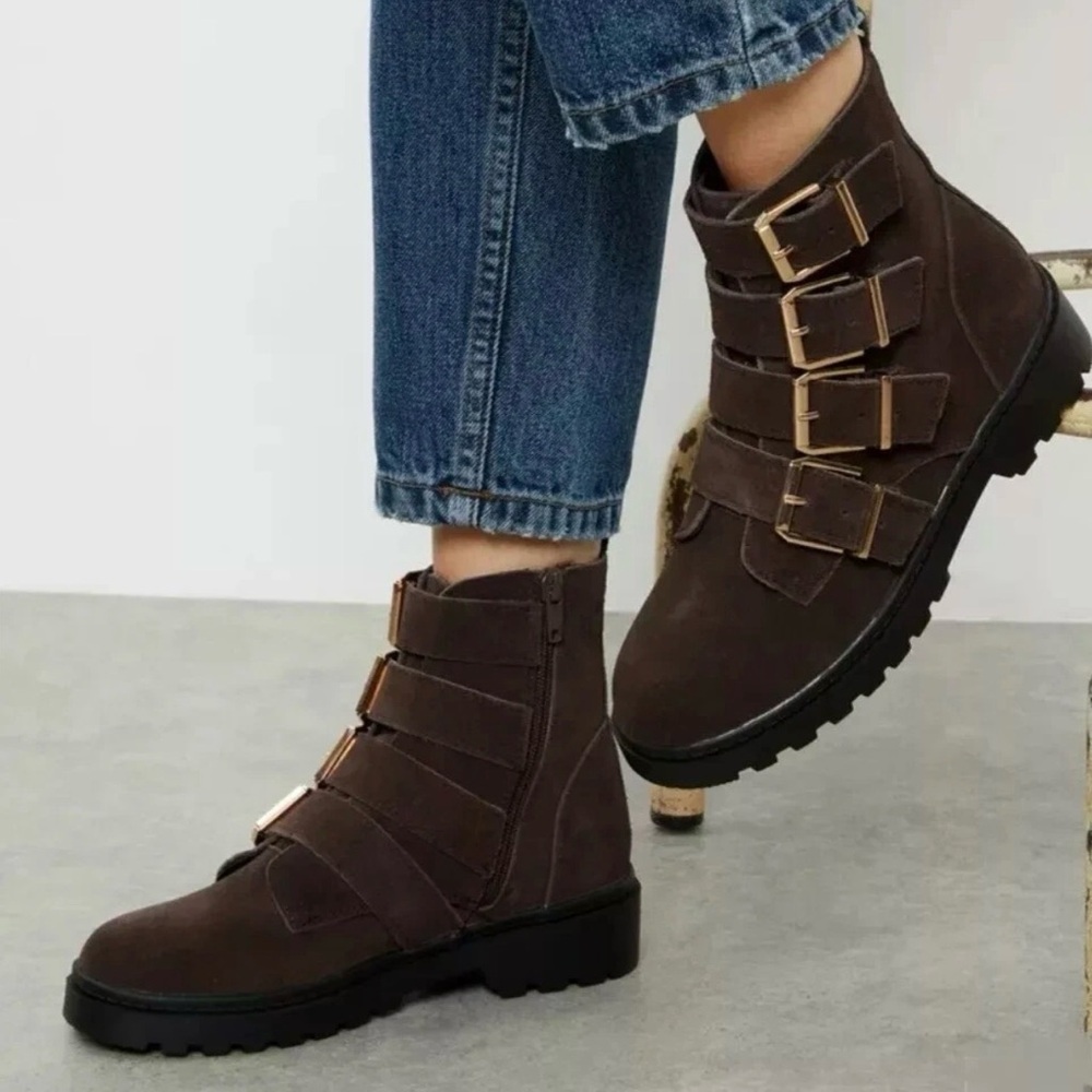 Faith Sacha Buckle Front Suede Ankle Boots Women Sz 8 Brown Leather Gold Buckle,